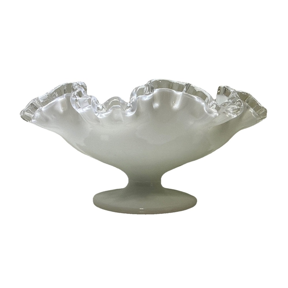 VTG Fenton Silver Crest Milk Glass Pedestal Compote Bowl Ruffled Edge 8" x 4"